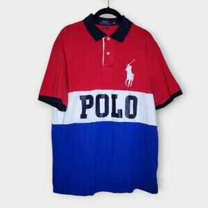 Polo Ralph Lauren Red White Blue Striped Rugby Polo Shirt Men's Large